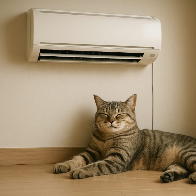 エアコンの下で涼むキジトラ猫