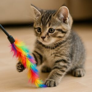 子猫がカラフルな猫じゃらしで遊んでいる