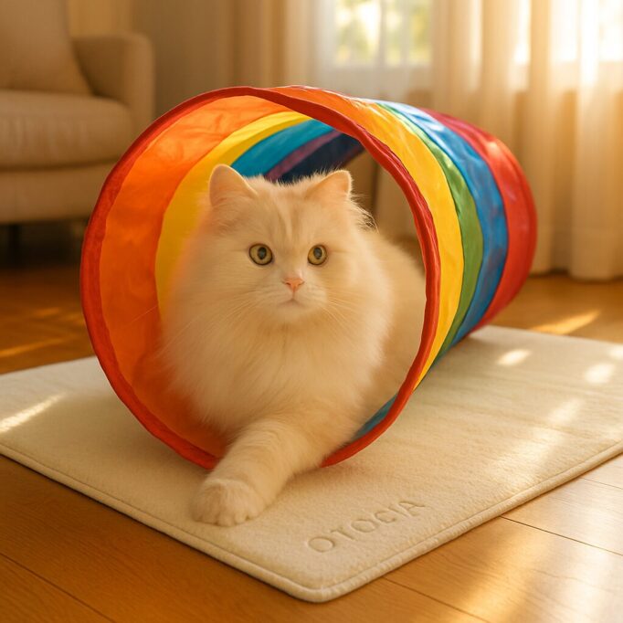 トンネル遊ぶ長毛の猫