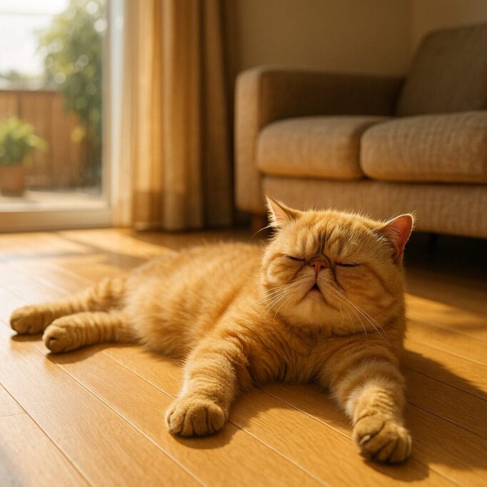 夏のリビングにいる赤茶のエキゾチックショートヘア