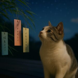 七夕の夜、短冊を見つめる猫