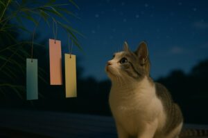 七夕の夜、短冊を見つめる猫