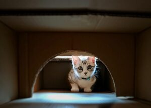 ダンボールのトンネルをのぞく子猫