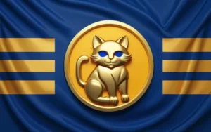 青地に金の猫のシルエットがある旗