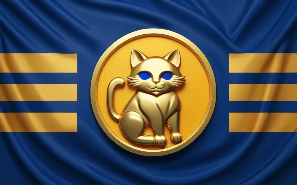 青地に金の猫のシルエットがある旗