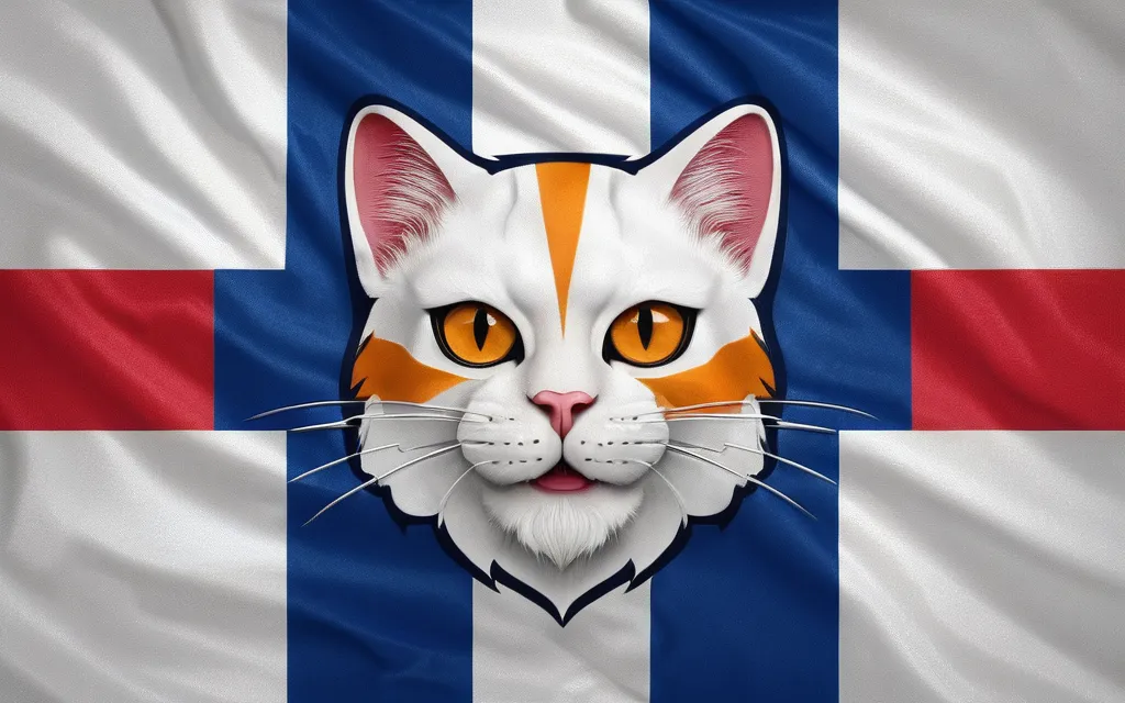 真ん中にふわふわの白猫が描かれている旗