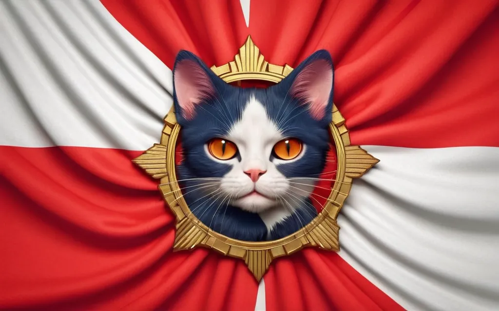 赤白の生地の真ん中にハチワレが描かれている旗