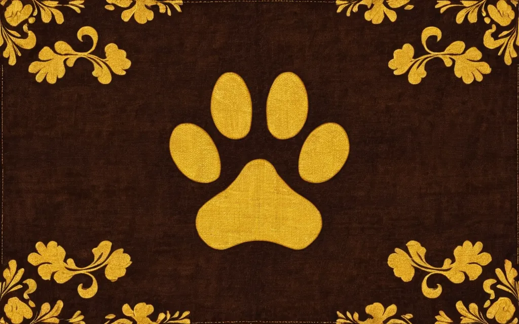 茶色の記事に金色の肉球が描かれている旗