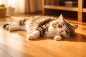 床の上で気持ちよさそうに寝てる猫