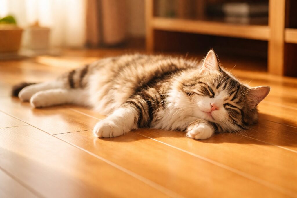 床の上で気持ちよさそうに寝てる猫