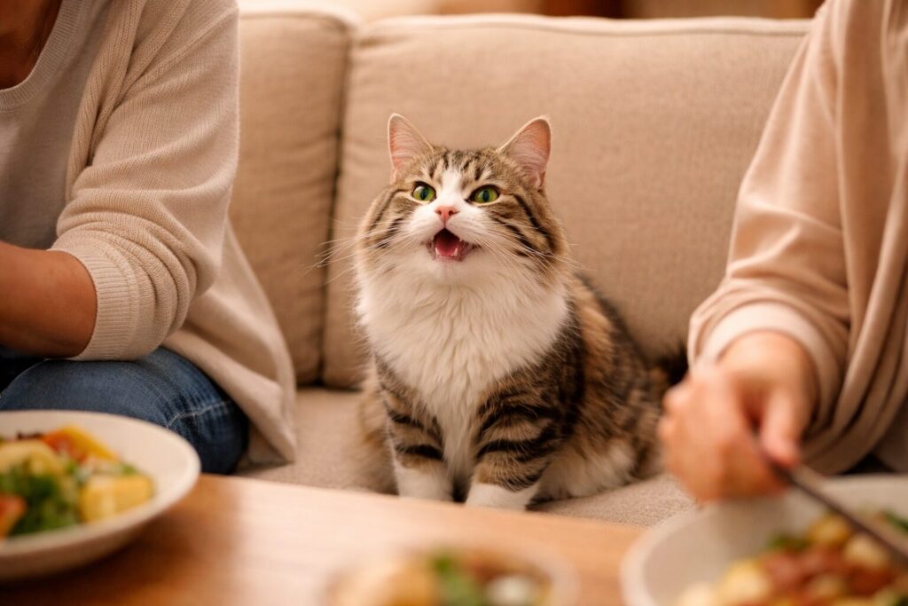 食事中の飼い主さんとお話しする猫