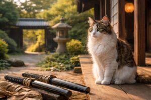 刀を前にお座りしてる猫