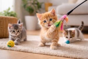 おもちゃで遊ぶ3匹の子猫たち