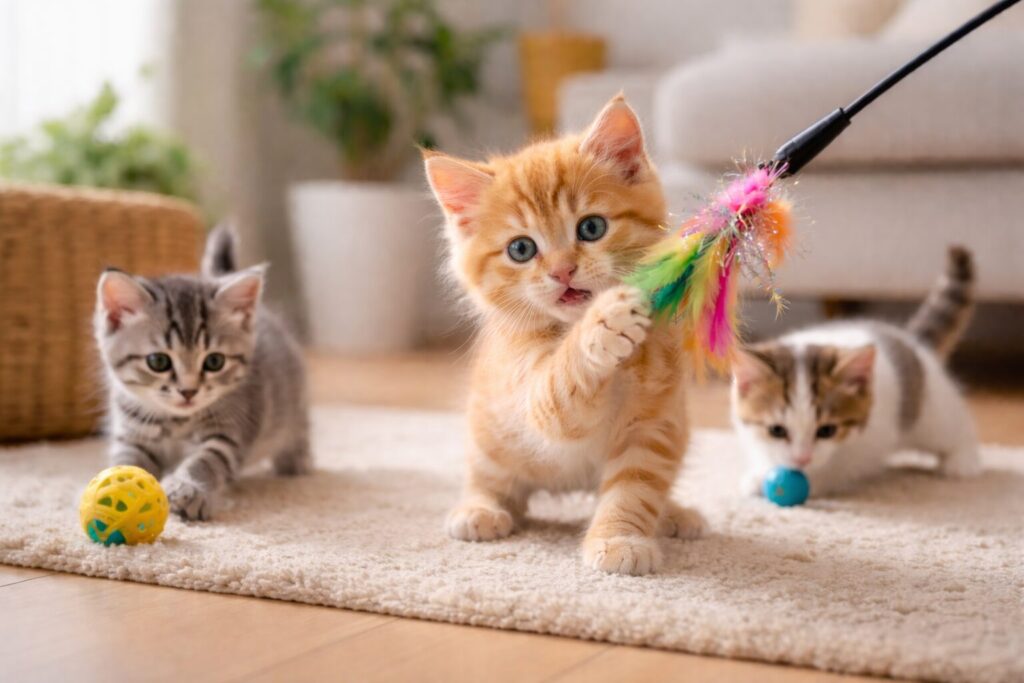 おもちゃで遊ぶ3匹の子猫たち