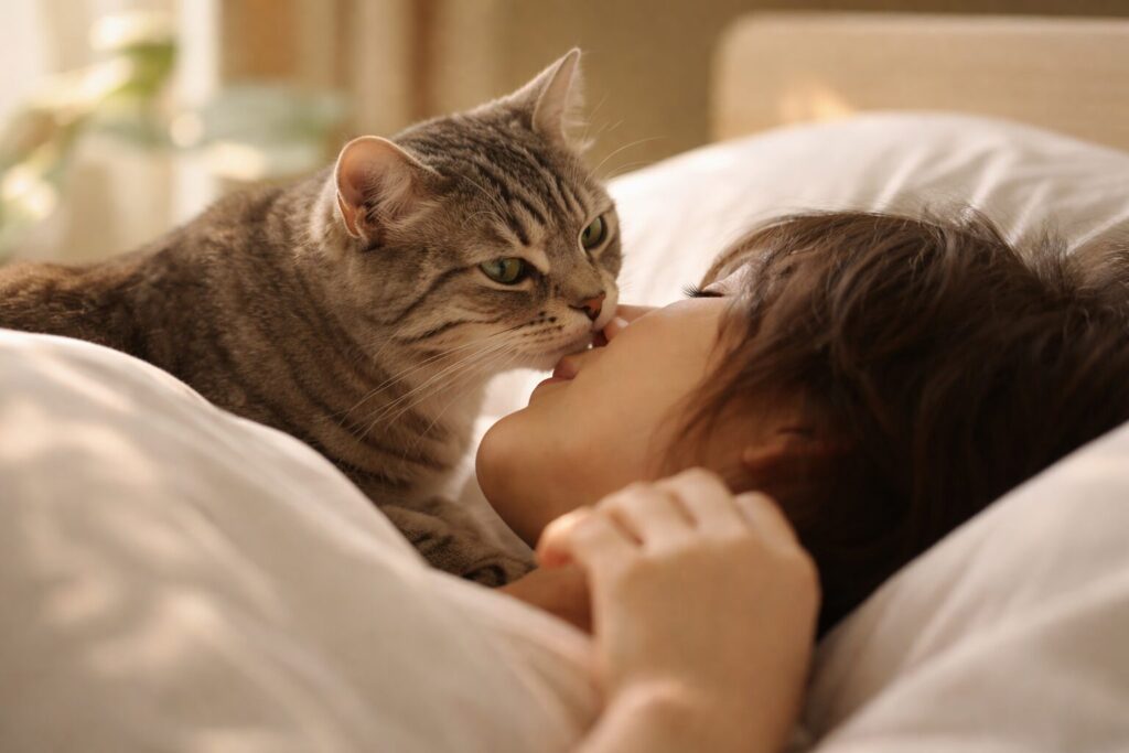 朝、飼い主を起こしに来る猫