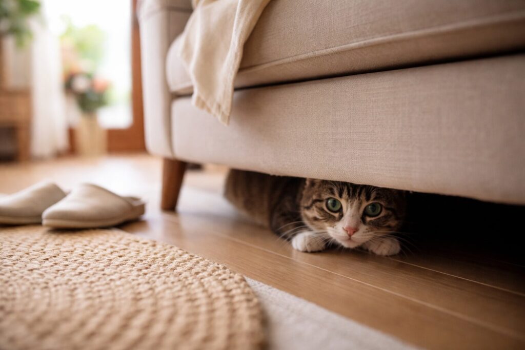 ソファの下に隠れる猫