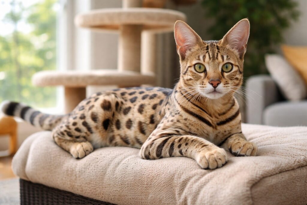 お部屋でくつろぐサバンナキャット