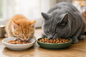 ご飯を食べる子猫と先輩猫