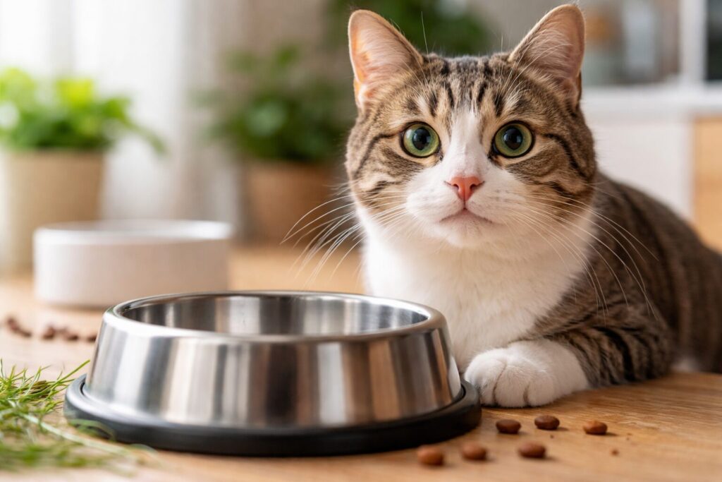 ご飯の器の前で何かを訴えかける猫