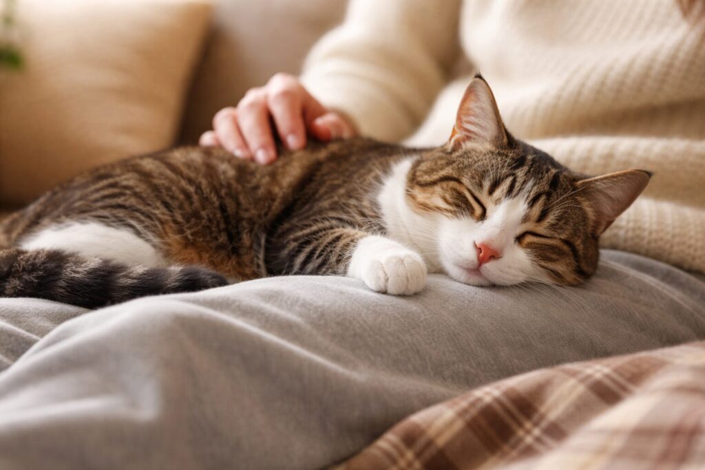 飼い主さんの膝の上で眠る猫