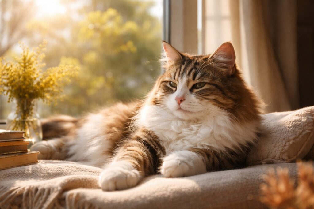 冬の終わり頃、室内で日光を浴びる猫