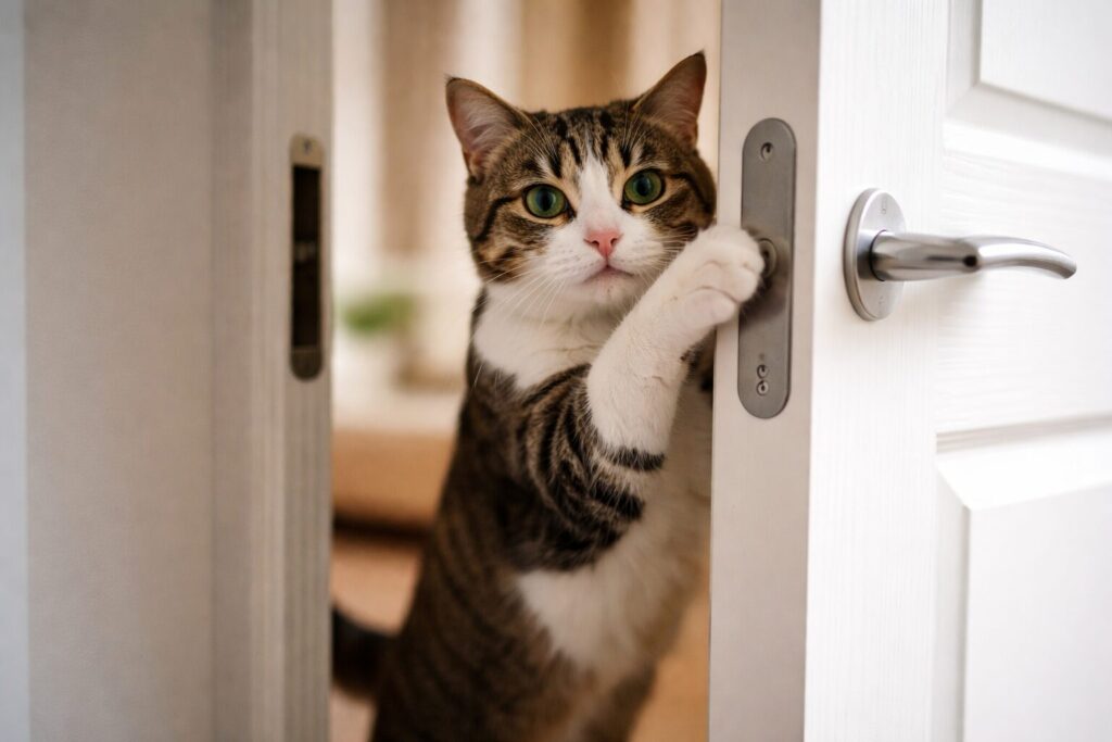 自分で扉を開ける猫