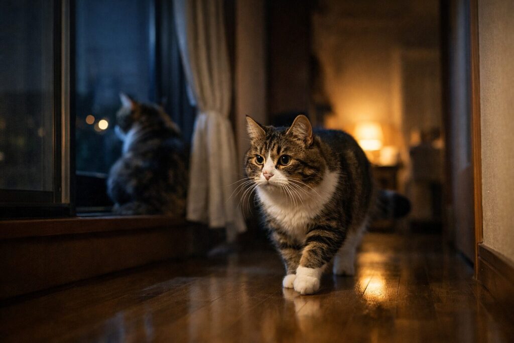 夜、寝る前の見回りをする猫