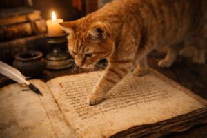 古文書の上を歩く猫