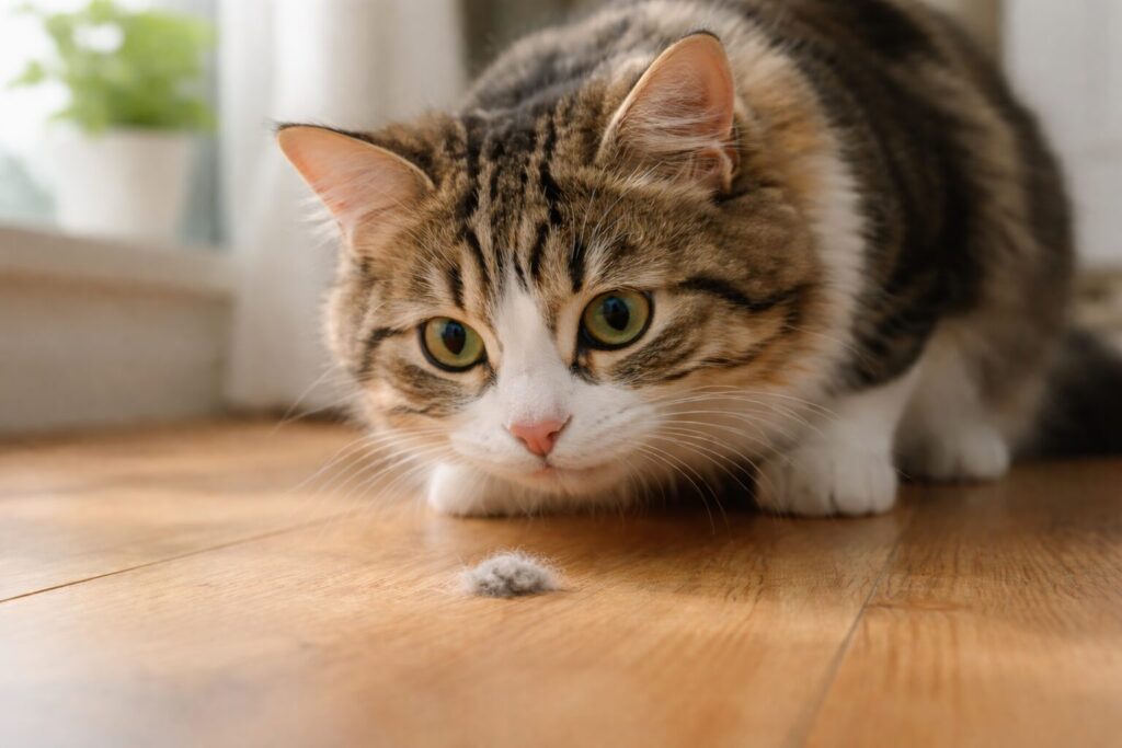 落ちてる毛玉を食べようとする猫