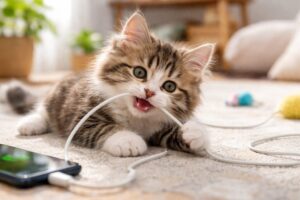 ケーブルを噛んで遊ぶ子猫