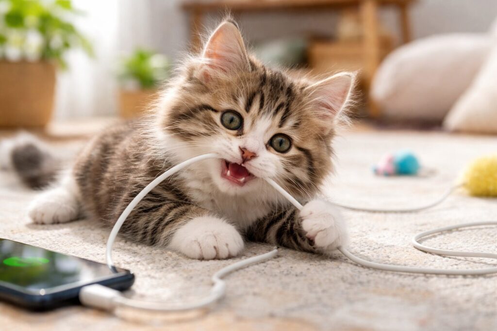 ケーブルを噛んで遊ぶ子猫