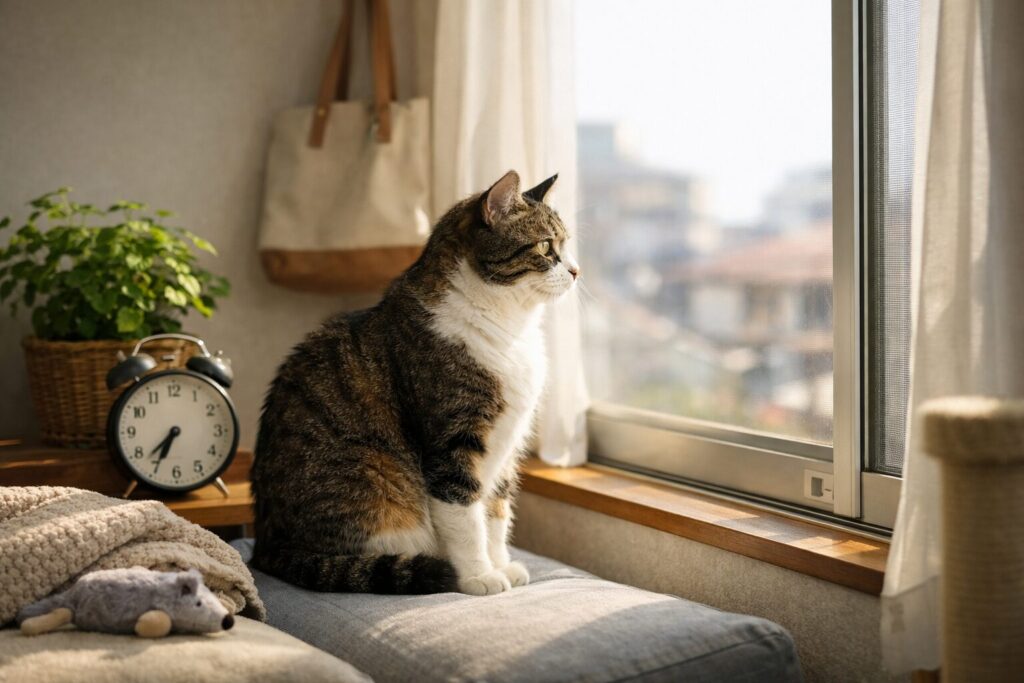 窓から外の様子を見てる猫