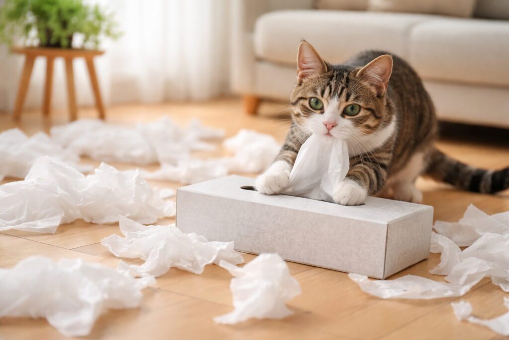 ボックスティッシュで遊ぶ猫
