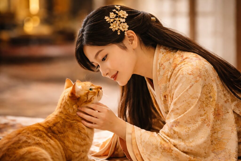 女性に見つめられてる猫