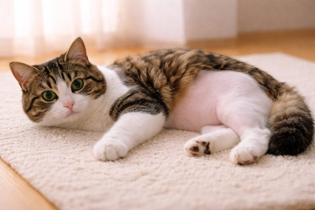 バリカンで毛を剃られた猫