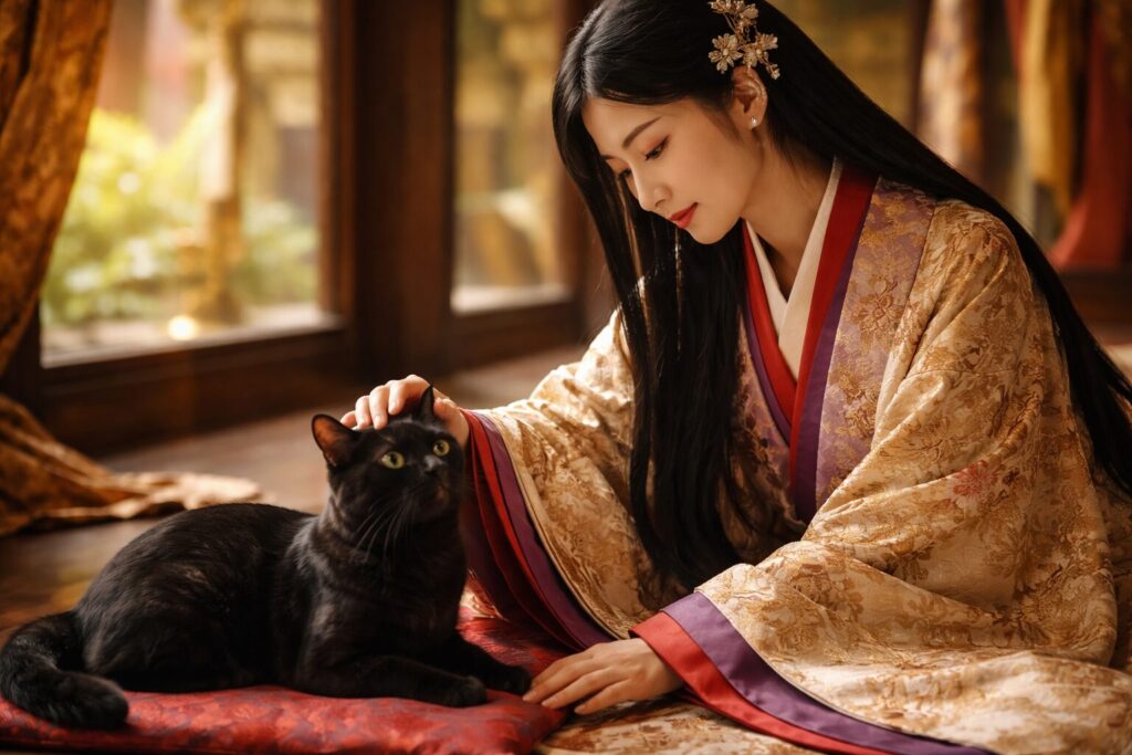 女性になでられてる黒猫