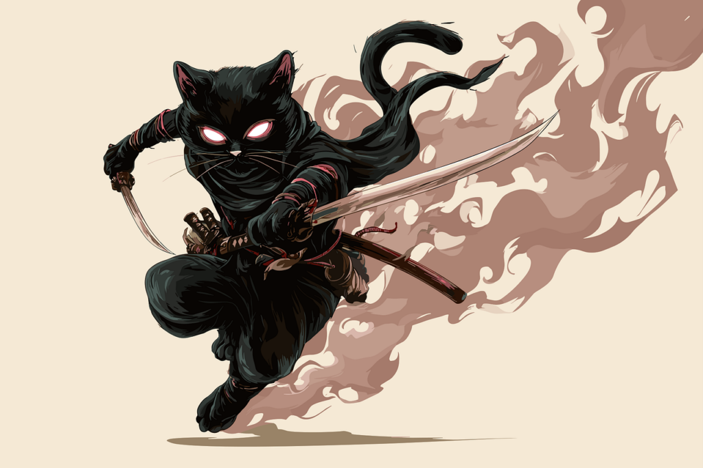二刀流の忍者猫のイラスト