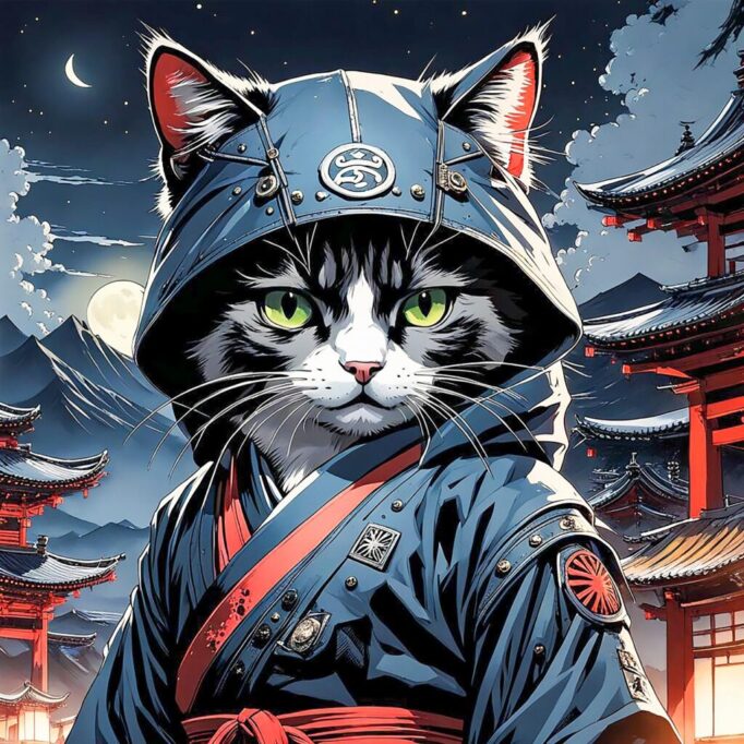 五重塔の前に立つ忍者猫のイラスト