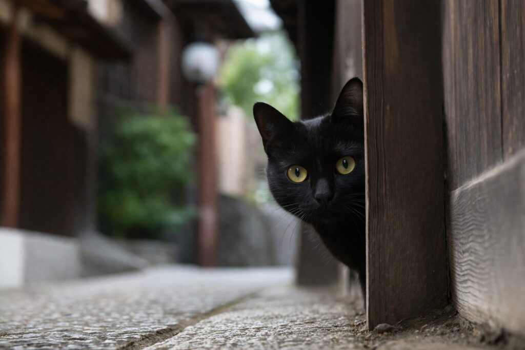 木の壁ごしの忍者のような黒猫