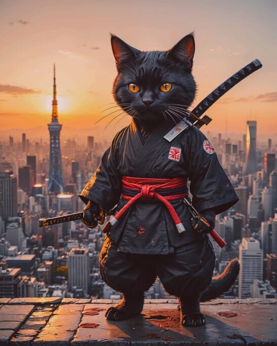 高い場所に立つ忍者猫のイラスト