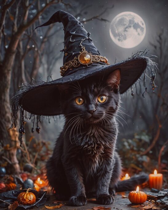 魔女の帽子をかぶってる黒猫