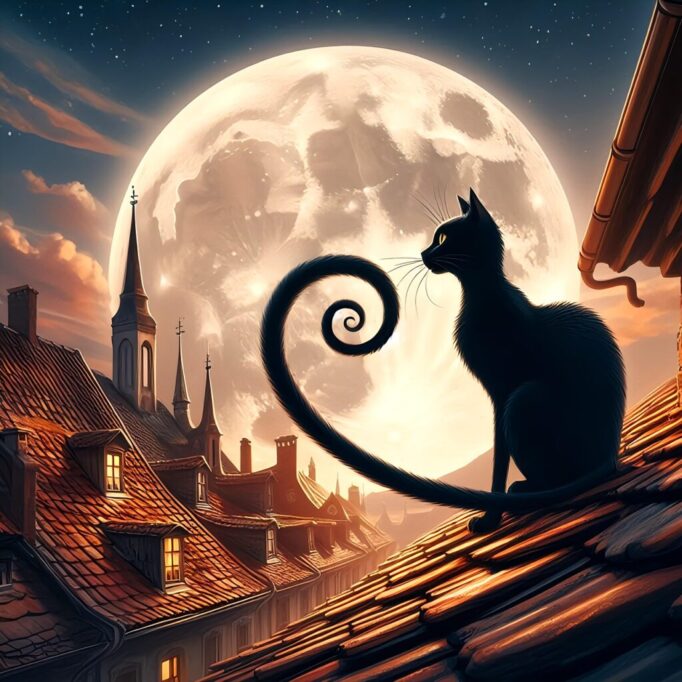 月夜に屋根の上にたたずむ猫