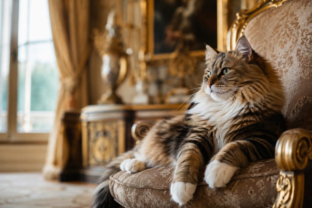 玉座でリラックスする猫