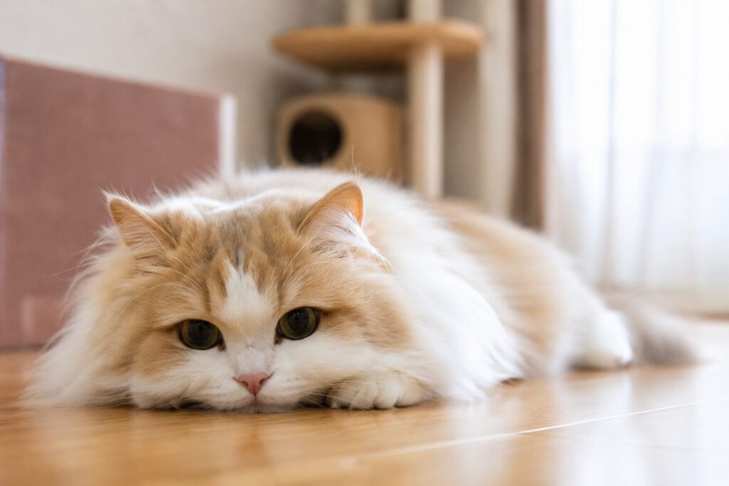 お目目まんまるでたれぱんだ化してる猫