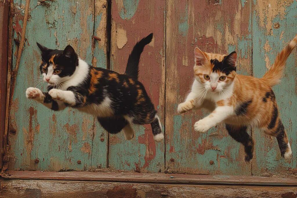 2匹同時にジャンプしてる猫たち