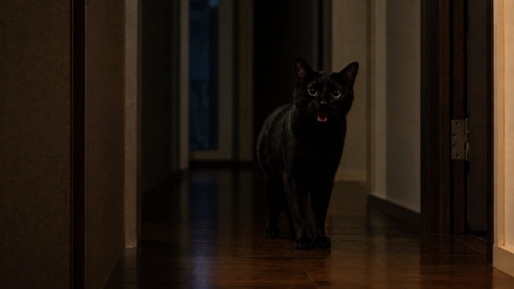 深夜、廊下でおしゃべりしている猫