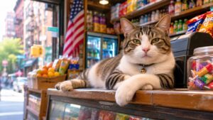 カウンターに寝転がり、カメラ目線のボデガキャット