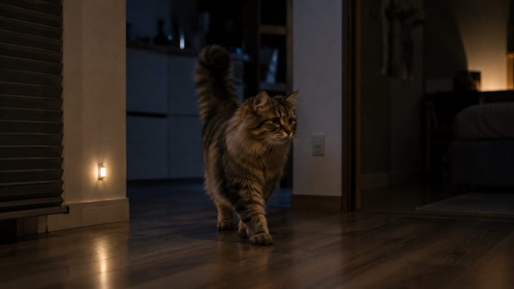 薄暗い深夜のおうちをお散歩する猫