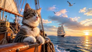 船から海を眺める猫