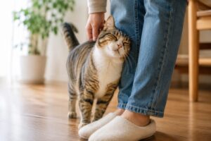 飼い主さんの足にスリスリしてる猫